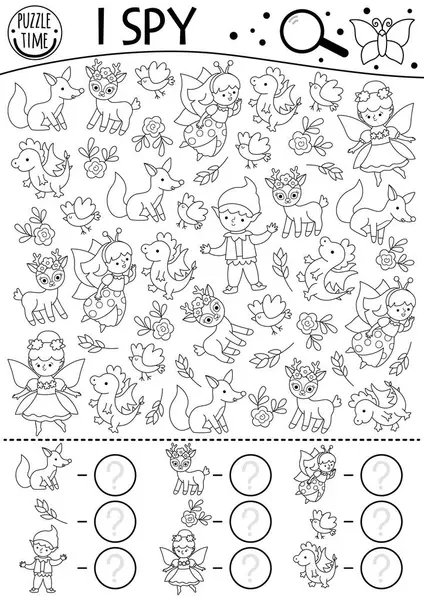 Peri Diyarı siyah beyaz çocuklar için casusluk oyunu. Böcek perisi, elf, geyik, çiçek, hayvan, ejderha ve kuşla arama ve sayma faaliyetleri. Peri masalı basılabilir çalışma tablosu. Fantezi boyama sayfası, bulmaca