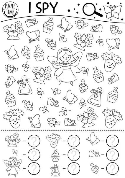 Peri Diyarı siyah beyaz çocuklar için casusluk oyunu. Böğürtlen perisi, çilek, ayakkabı ve kekle arama ve sayma faaliyetleri. Peri masalı basılabilir çalışma tablosu. Fantezi boyama sayfası, bulmaca