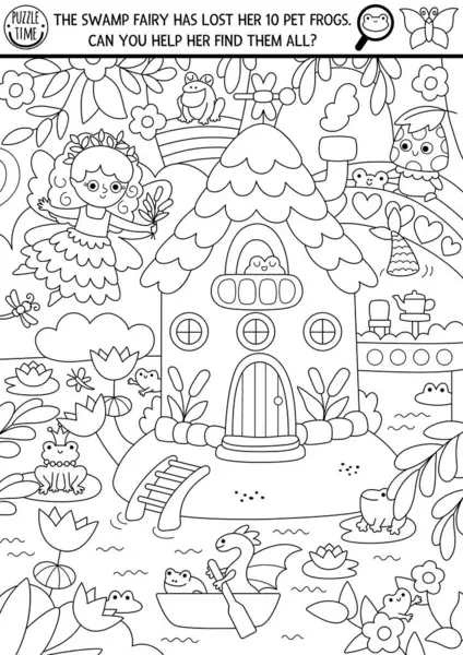 Büyülü orman manzarası, ağaç evi, nehir ve bataklık perisi olan vektör perisi. Gizli kurbağa boyama sayfası. Peri masalı yazılabilir etkinlik ara ve bul