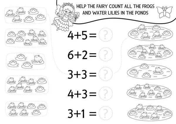 Matematik ve kızlarla siyah-beyaz oyunu saymak. Göldeki su zambakları ve kurbağaları saymasına yardım et. Peri Diyarı ilavesi, eşleşen aktivite. Peri masalı yazdırılabilir çalışma tablosu, boyama sayfası