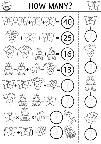 Siyah-beyaz matematik oyunu, kurbağa prens, çilek, çiçek, kelebek ile denklem ya da geri dönüş. Orman perisi ya da orman doğa aktivitesi, boyama sayfası. Çocuklar için Peri Diyarı basılabilir çalışma tablosu
