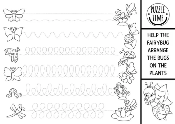 Çiçeklerin ve bitkilerin üzerindeki böcekleri düzenleyen orman perisi ile birlikte siyah beyaz vektör el yazısı çalışma kağıdı. Yazdırılabilir aktivite, böcekli çocuklar için boyama sayfası. Peri Diyarı izleme oyunu
