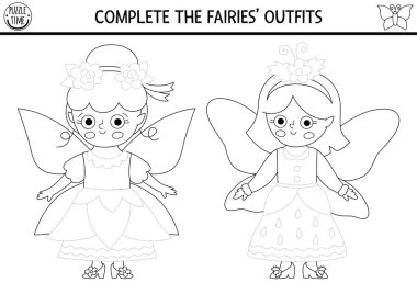 Orman perisi olan çocuklar için siyah beyaz çizim, yazı, iz sürme ve boyama etkinliği sayfası, elbise. Fantezi ormanı okul öncesi baskı aktivitesi, oyun, el yazısı alıştırması bulmacası!