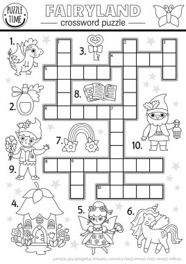 Çocuklar için siyah ve beyaz vektör bulmacası. Peri, elf, ejderha, tek boynuzlu at, cüce, gökkuşağı yarışması. Tatlı orman eğitim çapraz kelime boyama etkinlik sayfası sihirli yaratıcıyla