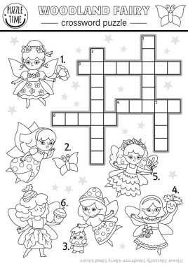 Çocuklar için siyah ve beyaz vektör bulmacası. Çiçek, böcek, meşe palamudu, bataklık, böğürtlen perisi ile basit bir sınav. Ormanların eğitimsel çapraz kelime boyama etkinlik sayfası sihirli yaratıcıyla