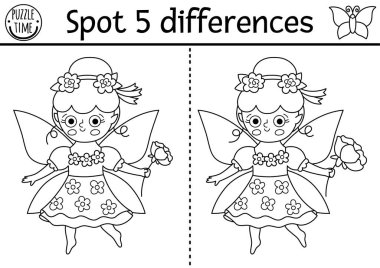 Siyah ve beyaz farklılık oyunu bulur. Çiçek perisi ile peri ülkesi eğitim aktivitesi. Çocuklar için sihirli orman bulmacası. Peri masalı basılabilir çalışma tablosu, fantezi kızlı boyama sayfası