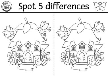 Siyah ve beyaz farklılık oyunu bulur. Çiçek perisi eviyle ilgili peri ülkesi eğitim aktiviteleri. Çocuklar için sihirli orman bulmacası. Peri masalı çizgisi yazdırılabilir çalışma tablosu, fantezi eviyle boyama sayfası