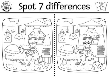 Siyah ve beyaz farklılık oyunu bulur. Peri Diyarı eğitim aktivitesi. Ağaç evdeki rahat yatak odasında çiçek perisinin okuduğu manzara. Sihirli orman boyama sayfası ya da çocuklar için yapboz