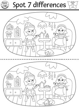 Siyah ve beyaz farklılık oyunu bulur. Peri Diyarı eğitim aktivitesi. Ağaç evdeki rahat odada çay içen perilerle manzara. Çocuklar için sihirli orman hattı bulmacası. Peri masalı yazdırılabilir renklendirici pag