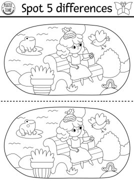 Siyah ve beyaz farklılık oyunu bulur. Peri Diyarı eğitim aktivitesi. Palamut perisinin parkta bankta oturup kuşları beslediği manzara. Çocuklar için sihirli orman bulmacası. Peri masalı yazdırılabilir renklendirici pag