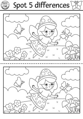 Siyah ve beyaz farklılık oyunu bulur. Çayırda mantar perisi olan bir manzara ile peri ülkesi eğitim aktivitesi. Çocuklar için sihirli orman bulmacası. Peri masalı yazdırılabilir çalışma tablosu, boyama bezi