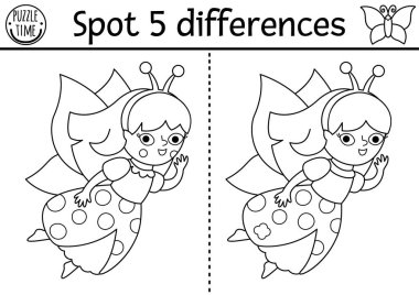 Siyah ve beyaz farklılık oyunu bulur. Tatlı peri böceğiyle peri ülkesi eğitim aktivitesi. Çocuklar için sihirli orman hattı bulmacası. Peri masalı basılabilir çalışma kâğıdı, fantezi kızlı boyama sayfası