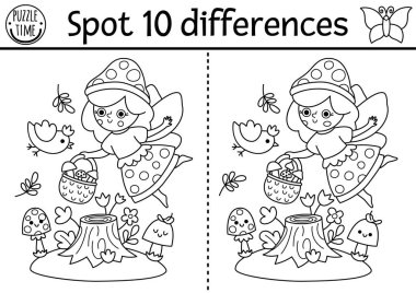 Siyah ve beyaz farklılık oyunu bulur. Mantar perisi, ağaç kütüğü ve kuşla ilgili peri diyarı eğitim aktiviteleri. Çocuklar için sihirli orman bulmacası. Peri masalı basılabilir çalışma kâğıdı, fantezi kızlı boyama sayfası