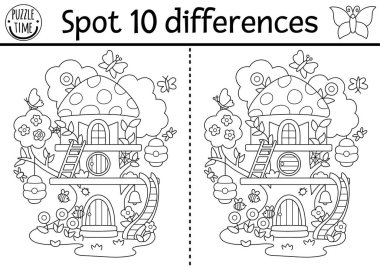 Siyah ve beyaz farklılık oyunu bulur. Peri böcek eviyle ilgili peri ülkesi eğitim aktiviteleri. Çocuklar için sihirli orman bulmacası. Peri masalı çizgisi yazdırılabilir çalışma tablosu, fantezi eviyle boyama sayfası