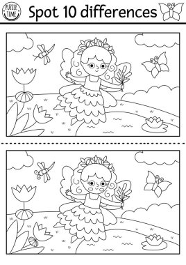 Siyah ve beyaz farklılık oyunu bulur. Bataklık perisi manzaralı bir peri ülkesi eğitim aktivitesi. Çocuklar için sihirli orman bulmacası. Peri masalı basılabilir çalışma tablosu, fantezi kızlı boyama sayfası