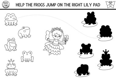 Orman perisi gölgesi küçük kızla eşleşiyor. Sihirli orman siyah ve beyaz, nilüferlerin üzerindeki kurbağalarla farklı bulmacalar buluyor. Doğru siluet yazdırılabilir çalışma tablosu, renklendirici kağıt bul