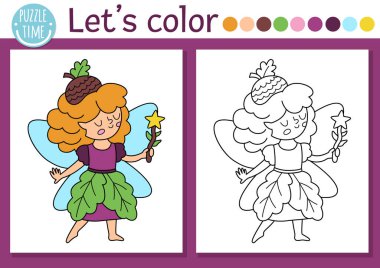 Tatlı meşe palamudu perisi olan çocuklar için peri diyarı boyama sayfası. Vektör sihirli orman çizimi çizimi. Renkli örnekleri olan çocuklar için boyama kitabı. Peri masalı hayali çizim becerileri basılabilir çalışma maketi