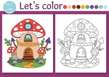 Peri Diyarı boyama sayfasında şirin bir mantar evi var. Vektör sihirli orman çizimi çizimi. Renkli örnekleri olan çocuklar için boyama kitabı. Peri masalı hayali çizim becerileri basılabilir çalışma maketi