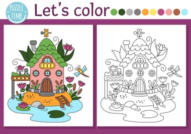 Peri Diyarı boyama sayfası ve şirin bataklık perisi evi. Vektör sihirli orman çizimi çizimi. Renkli örnekleri olan çocuklar için boyama kitabı. Peri masalı hayali çizim becerileri basılabilir çalışma maketi