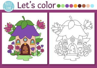 Tatlı çiçek evi olan çocuklar için Peri Diyarı boyama sayfası. Vektör sihirli orman çizimi çizimi. Renkli örnekleri olan çocuklar için boyama kitabı. Peri masalı hayali çizim becerileri basılabilir çalışma maketi