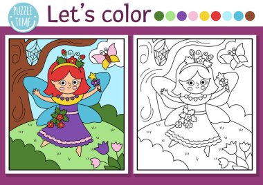 Tatlı böğürtlen perisi ve büyülü orman manzaralı bir peri ülkesi boyama sayfası. Vektör çizgisi çizimi. Renkli örnekleri olan çocuklar için boyama kitabı. Peri masalı hayali çizim becerileri basılabilir çalışma maketi