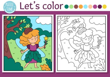 Tatlı meşe palamudu perisi ve büyülü orman manzarası olan peri diyarı boyama sayfası. Vektör çizgisi çizimi. Renkli örnekleri olan çocuklar için boyama kitabı. Peri masalı hayali çizim becerileri basılabilir çalışma maketi