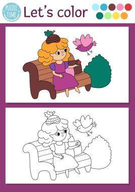 Peri Diyarı boyama sayfasında parktaki bankta duran sevimli meşe palamudu perisi. Vektör çizgisi çizimi. Renkli örnekleri olan çocuklar için boyama kitabı. Peri masalı hayali çizim becerileri basılabilir çalışma maketi