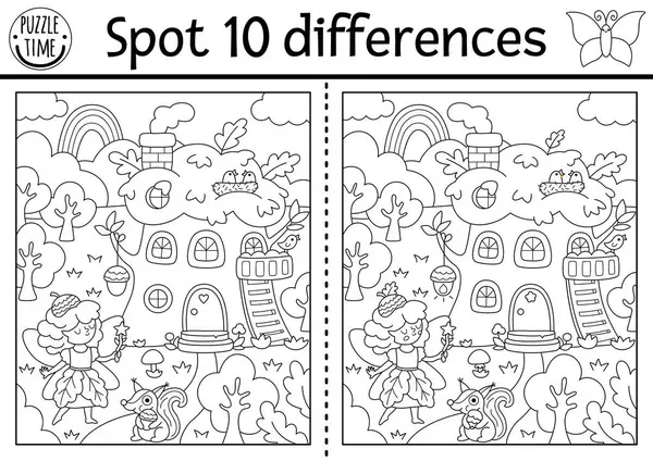 Siyah ve beyaz çocuklar için farklı bir oyun buluyorlar. İçinde meşe palamudu perisi olan bir manzara, ağaç ev. Çocuklar için sihirli orman bulmacası. Peri masalı yazdırılabilir çalışma tablosu, boyama bezi