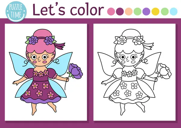 Tatlı çiçek perisi olan çocuklar için Peri Diyarı boyama sayfası. Vektör sihirli orman çizimi çizimi. Renkli örnekleri olan çocuklar için boyama kitabı. Peri masalı hayali çizim becerileri basılabilir çalışma maketi