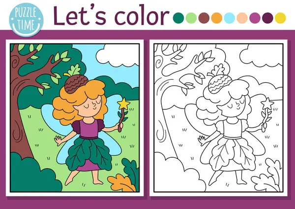 Tatlı meşe palamudu perisi ve büyülü orman manzarası olan peri diyarı boyama sayfası. Vektör çizgisi çizimi. Renkli örnekleri olan çocuklar için boyama kitabı. Peri masalı hayali çizim becerileri basılabilir çalışma maketi
