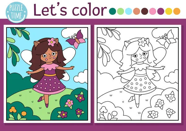 Peri Diyarı boyama sayfasında sevimli peri ve sihirli orman manzarası var. Vektör çizgisi çizimi. Renkli örnekleri olan çocuklar için boyama kitabı. Peri masalı hayali çizim becerileri basılabilir çalışma maketi