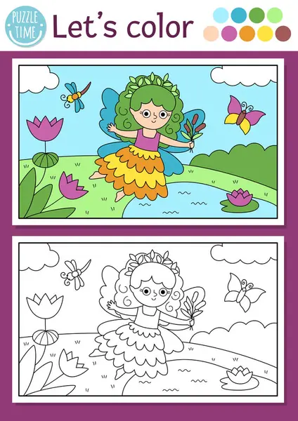 Tatlı bataklık perisi ve büyülü orman manzaralı peri ülkesi boyama sayfası. Vektör çizgisi çizimi. Renkli örnekleri olan çocuklar için boyama kitabı. Peri masalı hayali çizim becerileri basılabilir çalışma maketi