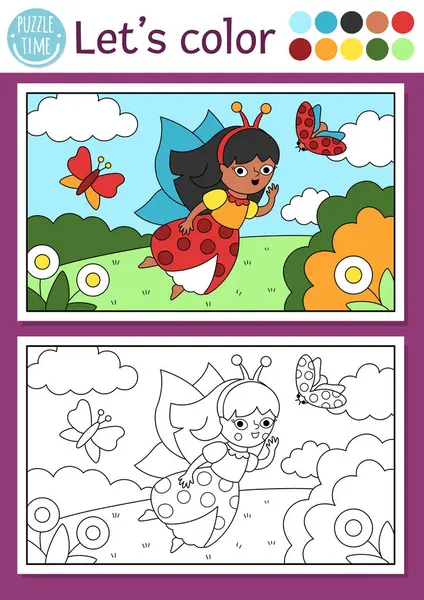 Tatlı peri böceği ve sihirli çayır manzaralı peri ülkesi boyama sayfası. Vektör çizgisi çizimi. Renkli örnekleri olan çocuklar için boyama kitabı. Peri masalı hayali çizim becerileri basılabilir çalışma maketi