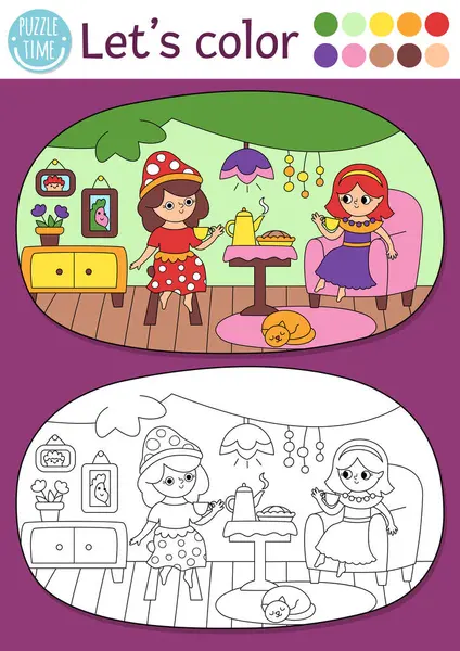 Peri Diyarı boyama sayfasında ağaç evde çay içen sevimli periler var. Vektör çizgisi çizimi. Renkli örnekleri olan çocuklar için boyama kitabı. Peri masalı hayali çizim becerileri basılabilir çalışma maketi