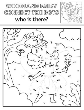 Siyah ve beyaz peri diyarı meşe palamudu perisi ile nokta nokta aktivitesi, çizgi doğa sahnesi. Sihirli orman noktaları birleştiriyor, boyama sayfası. Kim tatlı bir kızla birlikte yazılabilir çalışma kağıdını kaybeder ki?