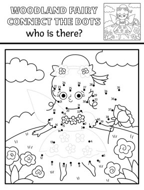 Çiçek perisi ile siyah-beyaz peri masalı, çizgi doğa sahnesi. Sihirli orman noktaları birleştiriyor, boyama sayfası. Kim kız ile birlikte yazılabilir çalışma kağıdını kaybeder?