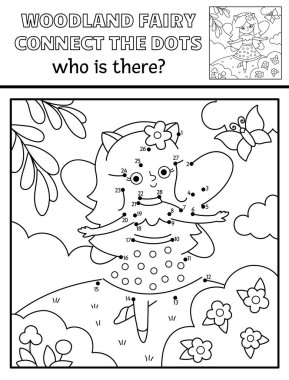 Siyah-beyaz periler diyarı, peri-nokta aktivitesi, çizgi doğa sahnesi. Sihirli orman noktaları birleştiriyor, çocuklar için boyama sayfası. Kim tatlı bir kızla birlikte yazılabilir çalışma kağıdını kaybeder ki?