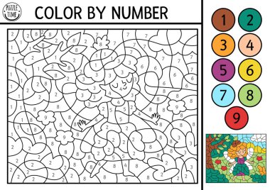 Çayırda meşe palamudu perisi olan sayılı etkinliklere göre vektör perisi rengi. Sihirli orman manzarası. Tatlı fantezi kızla siyah beyaz sayma oyunu. Çocuk için peri masalı boyama sayfası