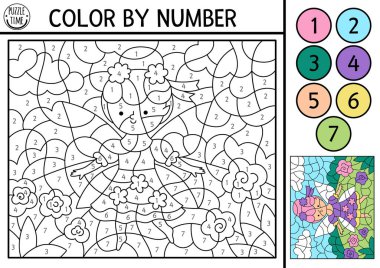 Çiçek perisi çayırda gezerken sayılı etkinliklere göre vektör perisi rengi. Sihirli orman manzarası. Tatlı fantezi kızla siyah beyaz sayma oyunu. Çocuk için peri masalı boyama sayfası