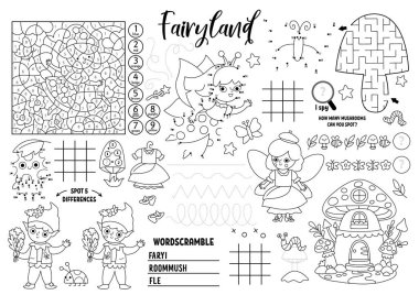 Çocuklar için Vektör Peri Diyarı minderi. Sihirli orman basılabilir paspaslı labirent, tik taktik parmak çizelgesi, noktaları birleştir, farkı bul. Orman perisi siyah beyaz oyun hasırı ya da boyama bezi