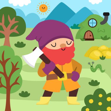 Baltalı cüceyle vektör kare sahne, küçük tepe evi, altın ve doğa. Cüce madenci, işçi ya da oduncu ile şirin bir manzara. Woodland, büyülü yaratıcıyla fantezi ormanı geçmişi