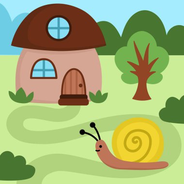 Mantar şeklinde küçük bir cüce evinin yanında duran salyangoz sahnesi. Cüce yuvalı orman manzarası, hayvan. Sihirli orman arka planı ile fantezi samimi pamuk etiketi