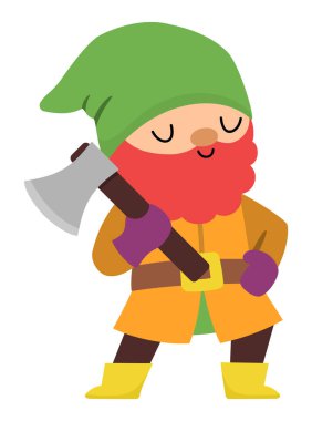 Vektör cüce simgesi. Sihirli yaratık tırmanıyor. Tatlı peri masalı karakteri. Woodland fantezi cücesi, baltalı, sakallı. Orman masalı illüstrasyonu beyaz grupta izole edilmiş.