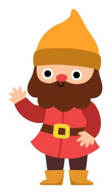 Vektör cüce simgesi. Sihirli yaratık tırmanıyor. El sallayan sevimli peri masalı karakteri. Woodland fantezi demircisi sakallı cüce. Orman masalı illüstrasyonu beyaz grupta izole edilmiş.