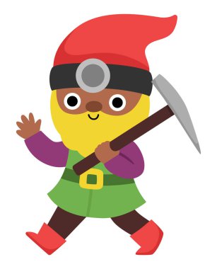 Vektör cüce simgesi. Sihirli yaratık tırmanıyor. El sallayan sevimli peri masalı karakteri. Kazmalı, sakallı Woodland fantezi cücesi. Orman masalı illüstrasyonu beyaz grupta izole edilmiş.