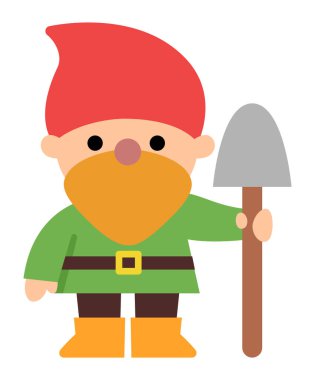 Vektör cüce simgesi. Sihirli yaratık tırmanıyor. Tatlı peri masalı karakteri. Kürekle Woodland fantezi bahçe cücesi. Orman masalı illüstrasyonu beyaz grupta izole edilmiş.