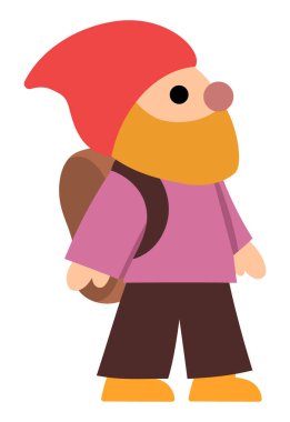 Vektör cüce simgesi. Sihirli yaratık tırmanıyor. Tatlı peri masalı karakteri. Woodland fantezi cüce gezgini sırt çantasıyla gidiyor. Orman masalı illüstrasyonu beyaz grupta izole edilmiş.