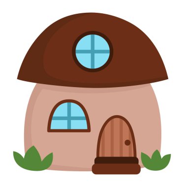 Mantar şeklinde küçük bir cüce evi. Minik cüce ev tırmığı. Fantezi ormanı ya da orman evi illüstrasyonu. Beyaz grupta izole edilmiş sihirli masal ikonu