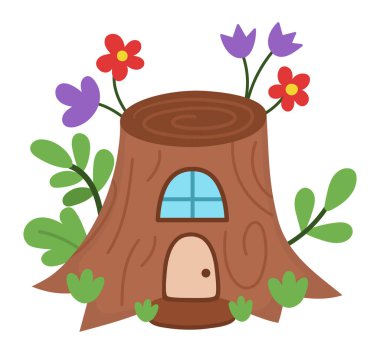 Ağaç kütüğü şeklinde küçük bir cüce evi. Minik cüce ev tırmığı. Fantezi ormanı ya da orman evi illüstrasyonu. Beyaz grupta izole edilmiş sihirli masal ikonu