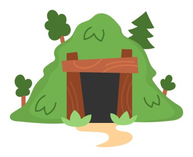 Vector green hill with door. Dwarf mine entrance illustration. Gnome mining cave clipart. Fantasy forest or woodland mountain illustration. Magic fairytale icon isolated on white backgroun